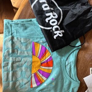 Hard Rock Cafe Turquoise Womens Short Sleeve Tee-Disco Queen with new string bag